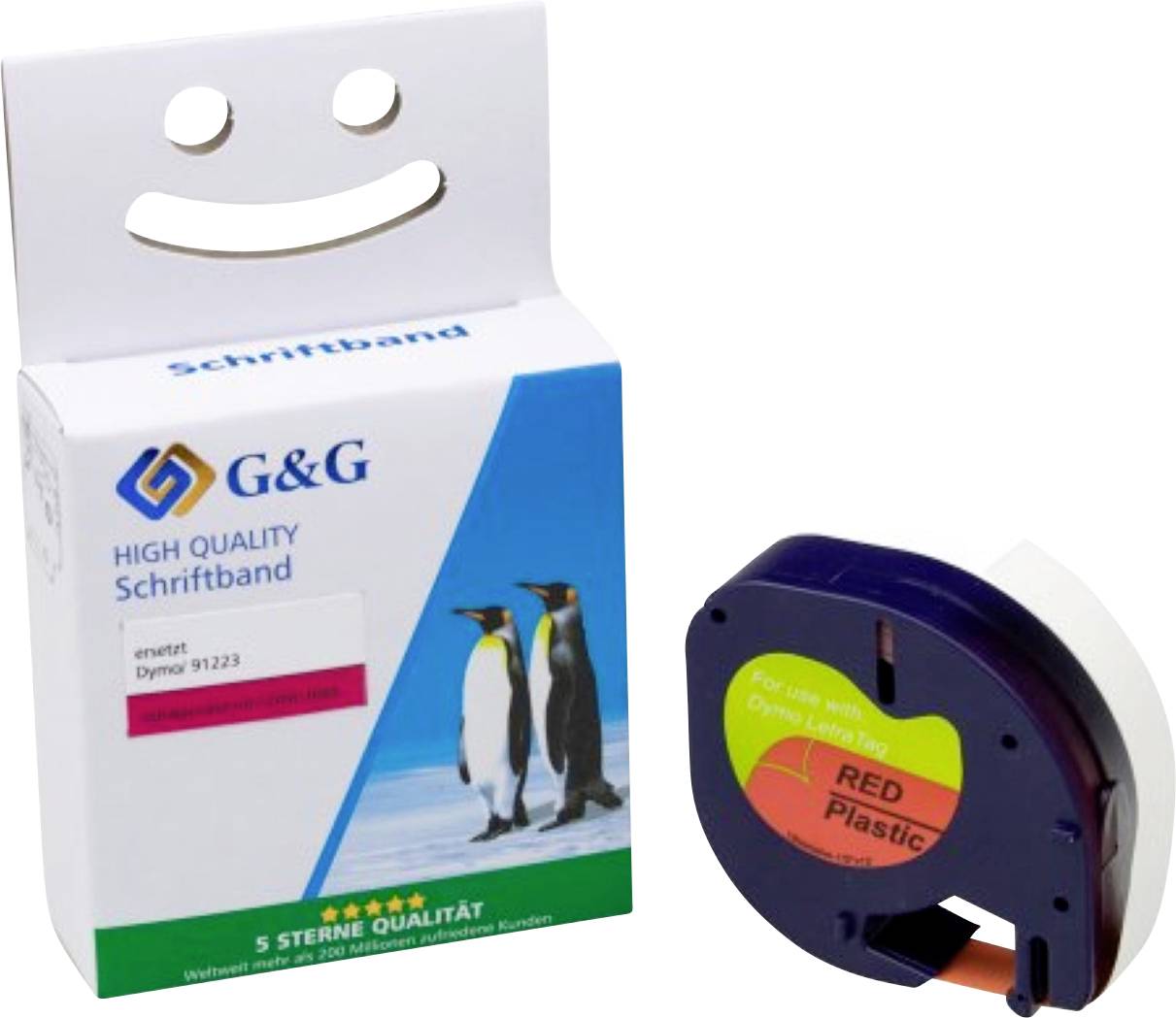 'G&G Schriftband' label tape packaging with penguin image and tape cartridge labeled 'Red Plastic' for a Dymo printer.