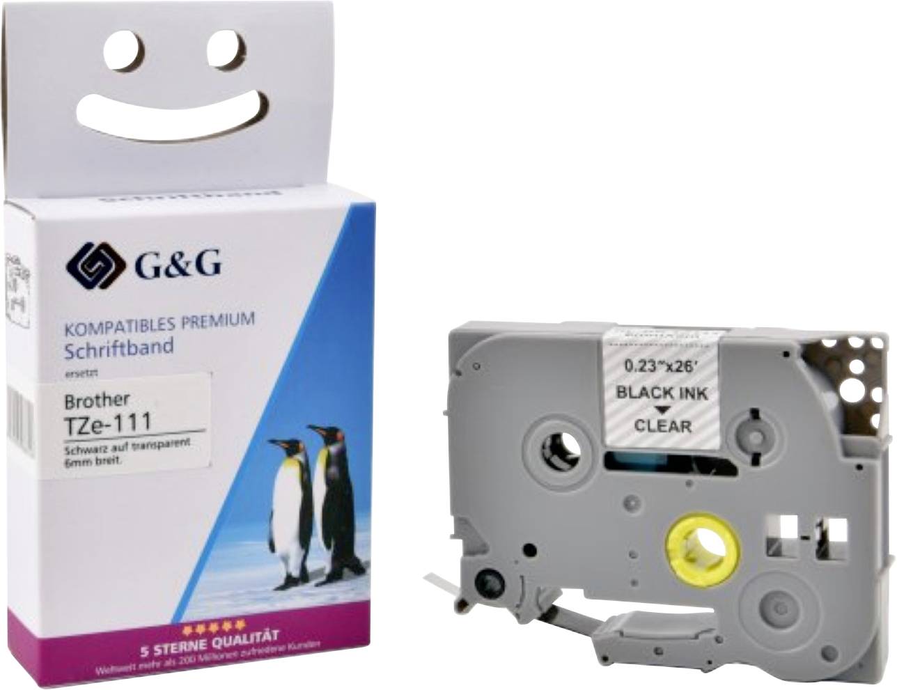 Printer label cartridge packaging with text 'G&G Kompatibles Premium Schriftband' on the box, and an image of penguins. The cartridge is shown beside the box.