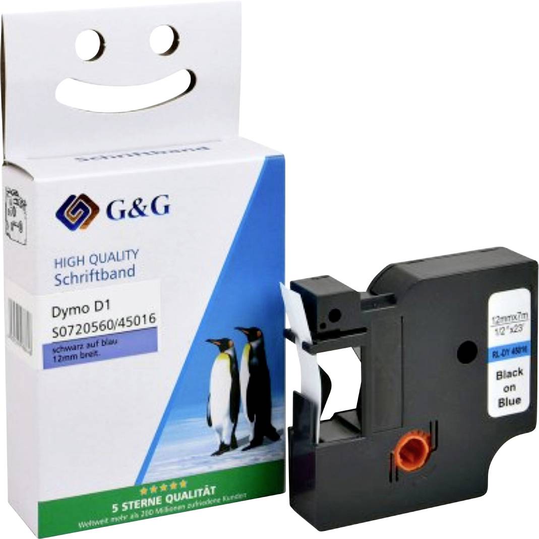 A Dymo D1 label tape cartridge box with penguin images, labeled 'black on blue', 12mm x 7m, alongside the cartridge.