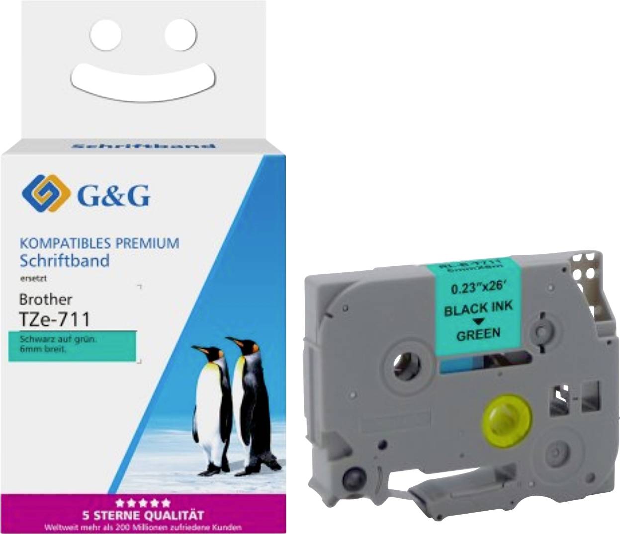 'G&G Kompatibles Premium Schriftband', compatible label tape for Brother TZe-711, black ink on green. Box shows three penguins.