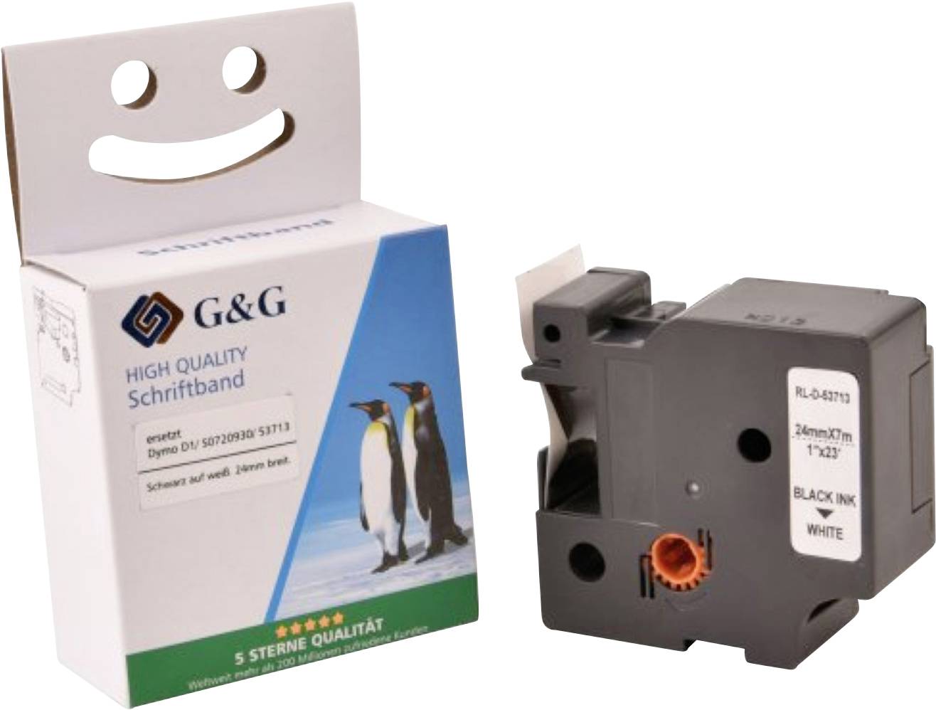 A G&G brand printer tape cartridge box featuring penguin artwork, labeled 'High Quality Schriftband', next to the black ink tape cartridge.