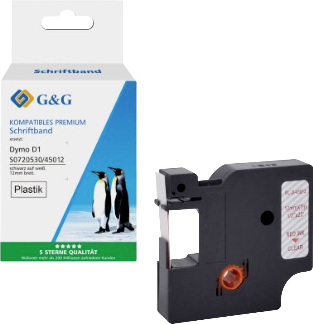 Package of G&G kompatibles Premium Schriftband for Dymo D1 printers, featuring penguin image and a plastic label cassette beside it.