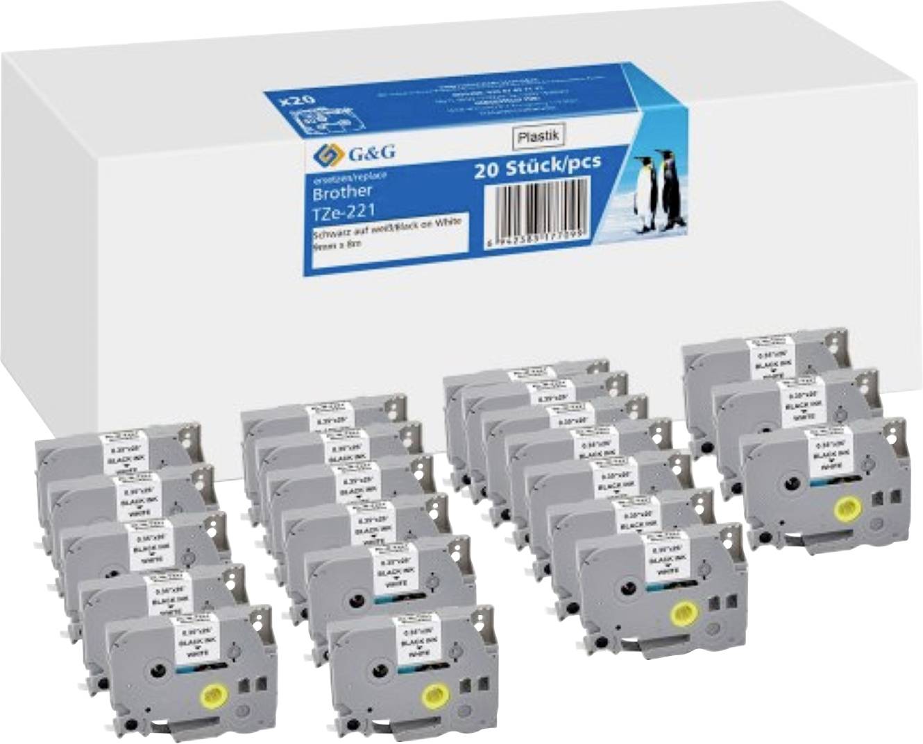 A box labeled '20 Stück/pcs Brother TZe-221' with twenty gray label printer cartridges displayed in front.