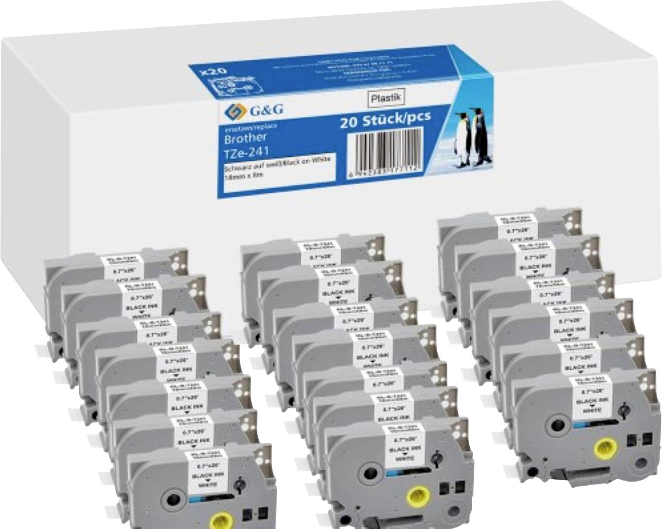 Box of 20 G&G printer label tapes, compatible with Brother TZe-241, shown with multiple tape cartridges in front of the box.