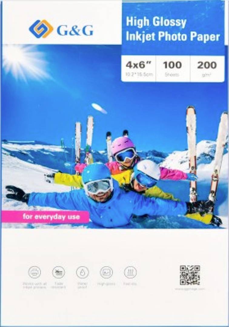 'G&G High Glossy Inkjet Photo Paper' pack cover, featuring skiers in colorful gear on a snowy mountain. Size: 4x6 inches, 100 sheets, 200 gsm.