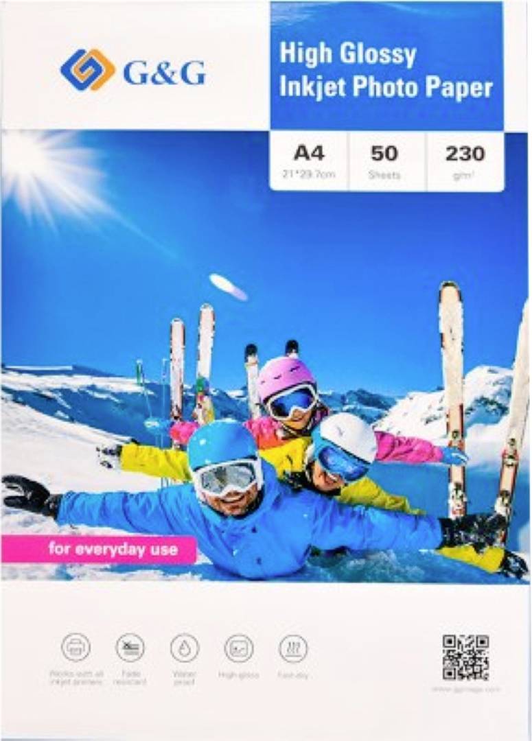 A group of four skiers in colorful attire pose playfully in snow. Text reads 'High Glossy Inkjet Photo Paper, A4, 50 sheets, 230 gsm'.