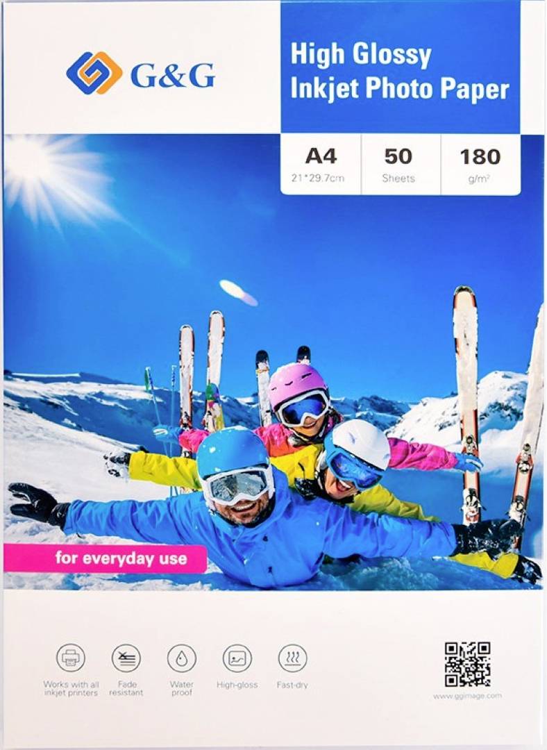 Skiers in colorful gear sliding down a snowy slope. G&G High Glossy Inkjet Photo Paper packaging: A4 size, 50 sheets, 180 gsm.