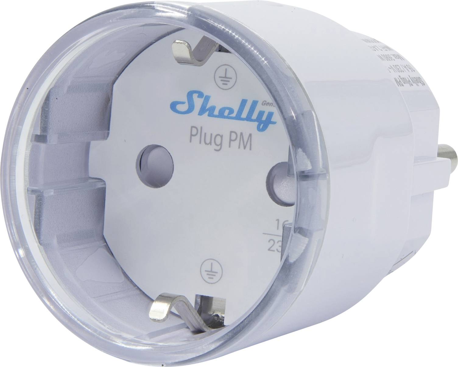 A white Shelly Plug PM smart plug with prongs, used for monitoring power usage and controlling devices remotely.