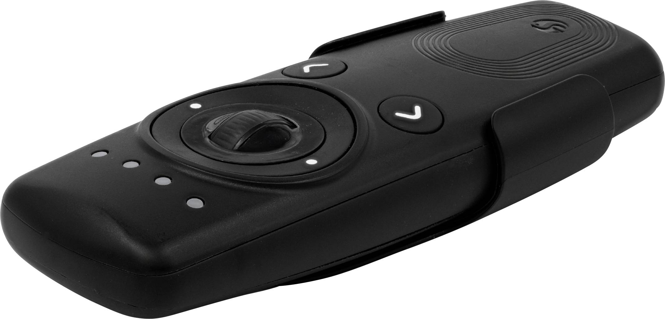 A black presentation remote with navigation buttons and a central rotating wheel.