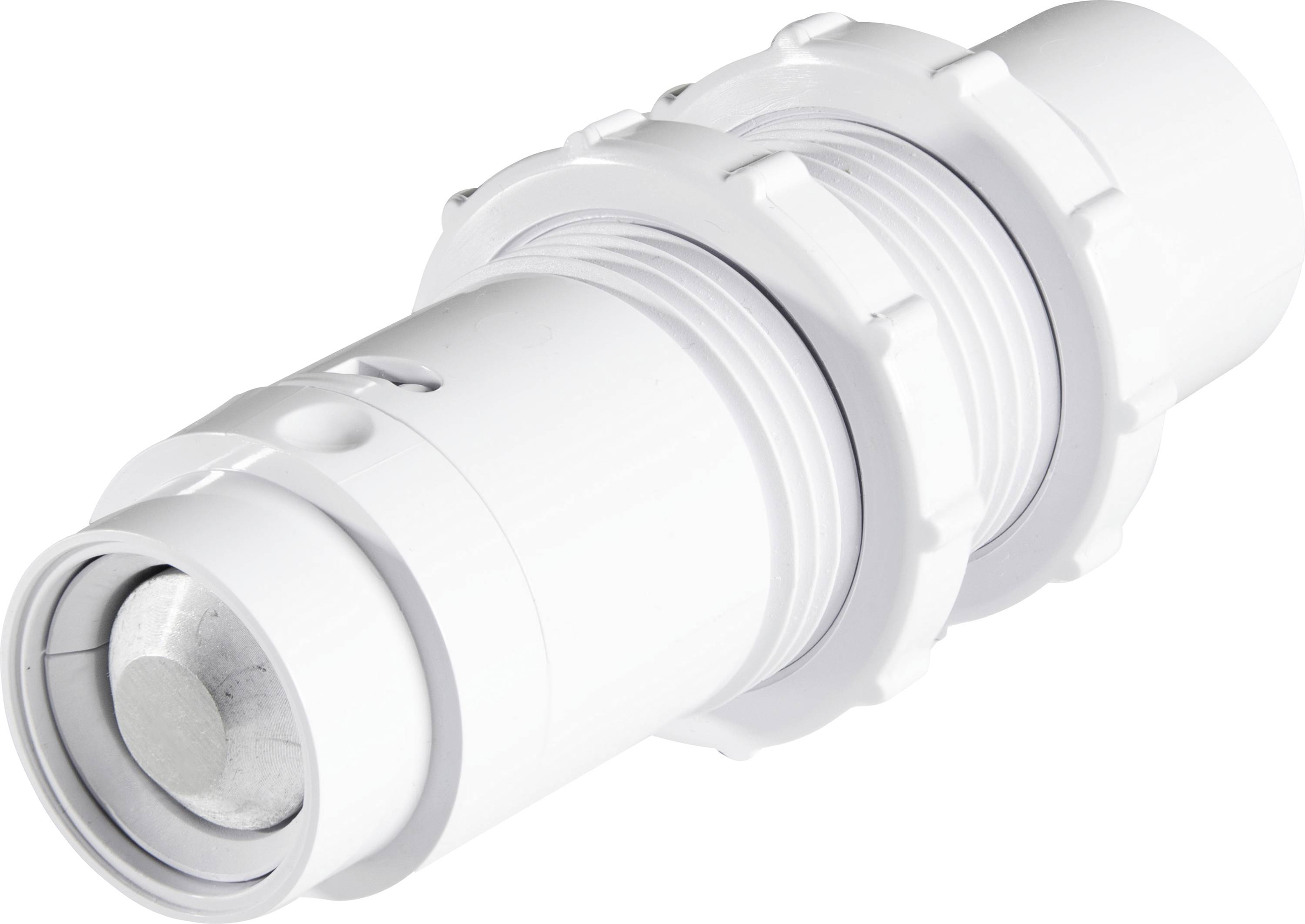 A white cylindrical water pipe fitting with threaded connectors and a smooth finish, used for plumbing installations.