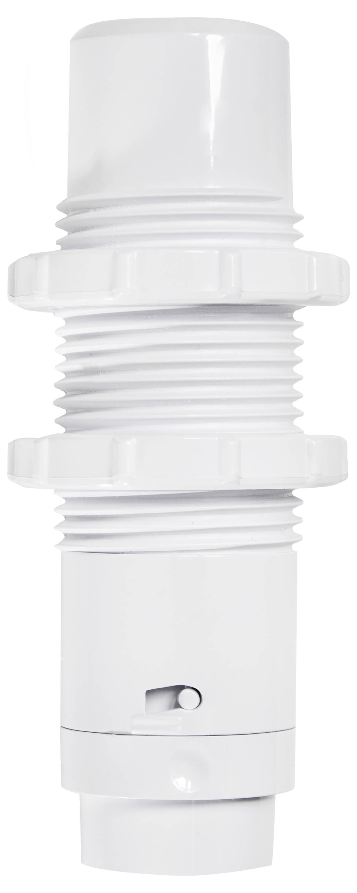 A white, cylindrical plastic component with threaded sections and a small switch, possibly a part of a plumbing or industrial system.