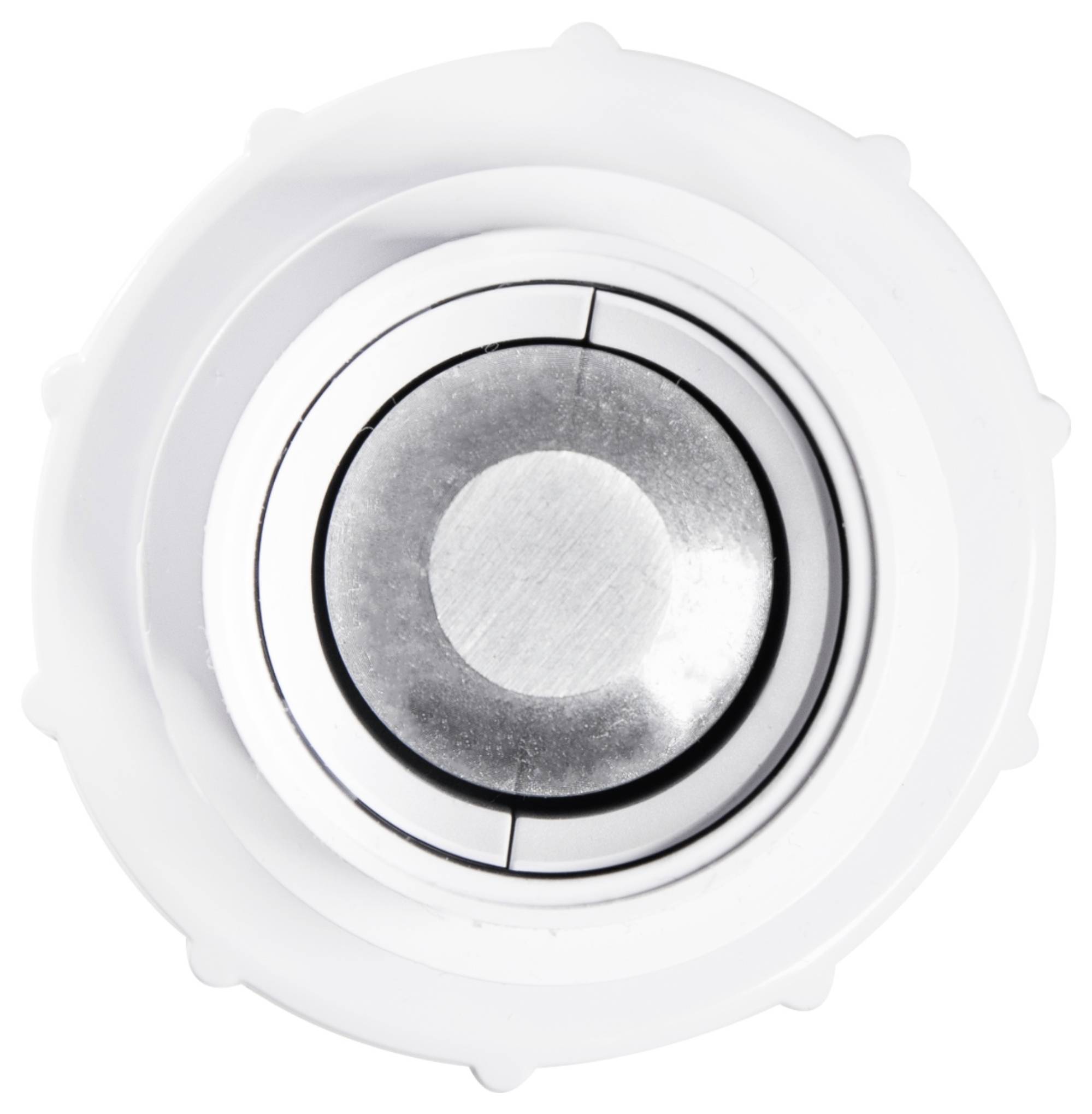 A circular metallic button with a white plastic outer casing, often used as a control mechanism on appliances or devices.