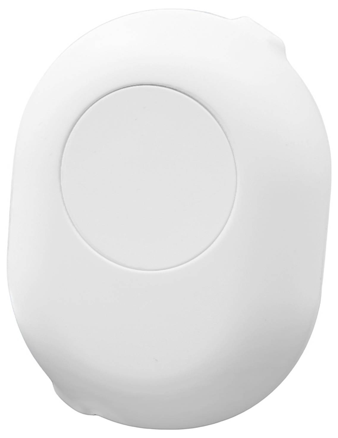 A white, oval soap bar with a smooth surface and a slightly recessed circle in the center.