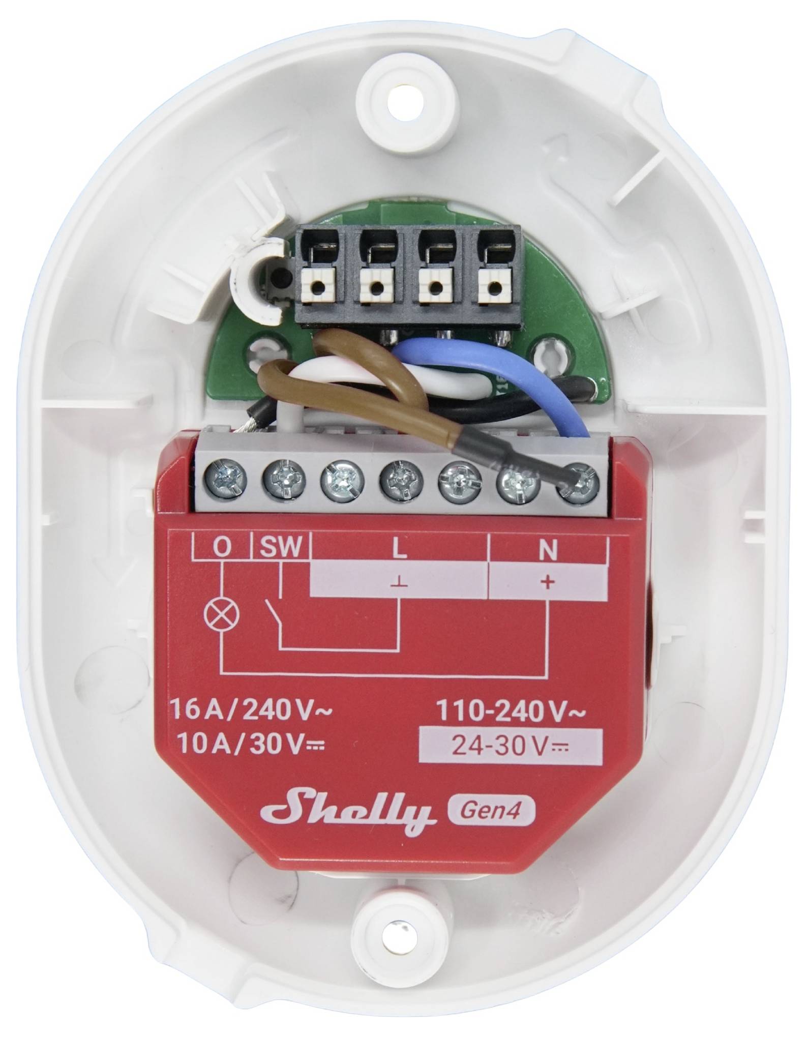 A white, oval electrical device with exposed wiring for connecting power and load inputs, labeled 'Shelly Gen4', indicating voltage specifications.