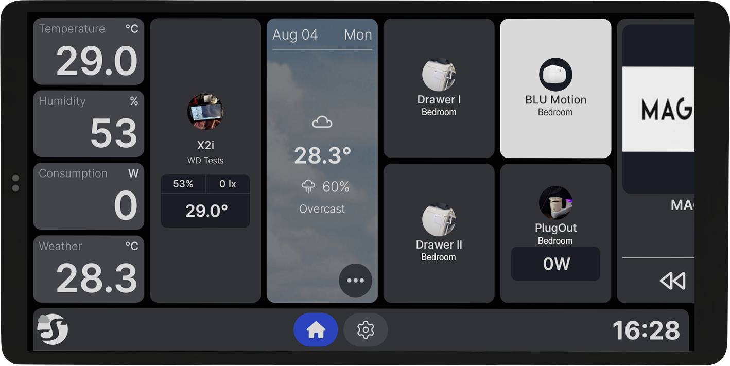 Smart home dashboard displaying metrics: Temperature 29°C, Humidity 53%, Consumption 0W, with widget controls for devices and time 16:28.