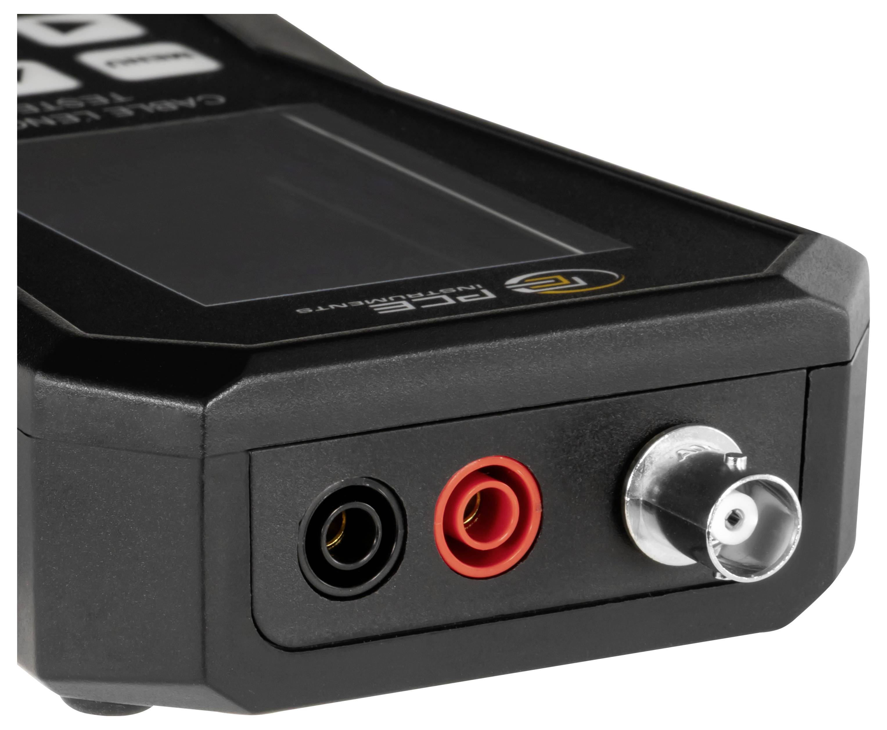 Close-up of a black electronic device with a screen and three front ports: black, red, and a silver connector.