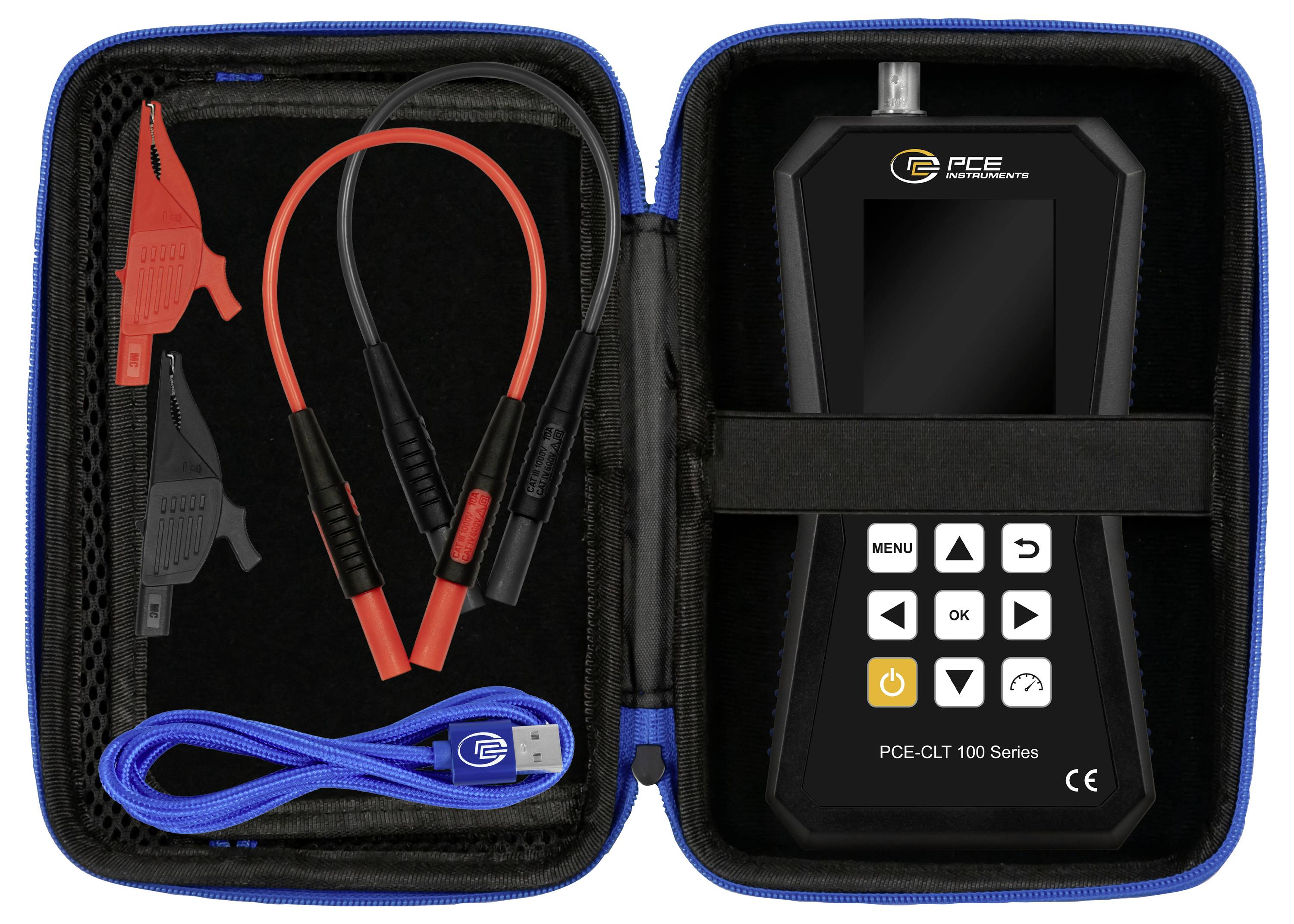 Open carrying case with a handheld electronic tester, red and black test leads, red clamp, and blue USB cable neatly organized inside.