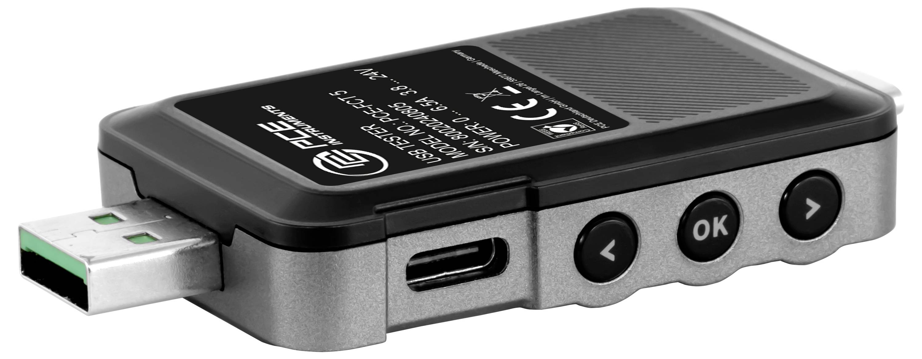 USB hardware security key with a USB-A plug, USB-C port, and three buttons labeled back, OK, and forward.