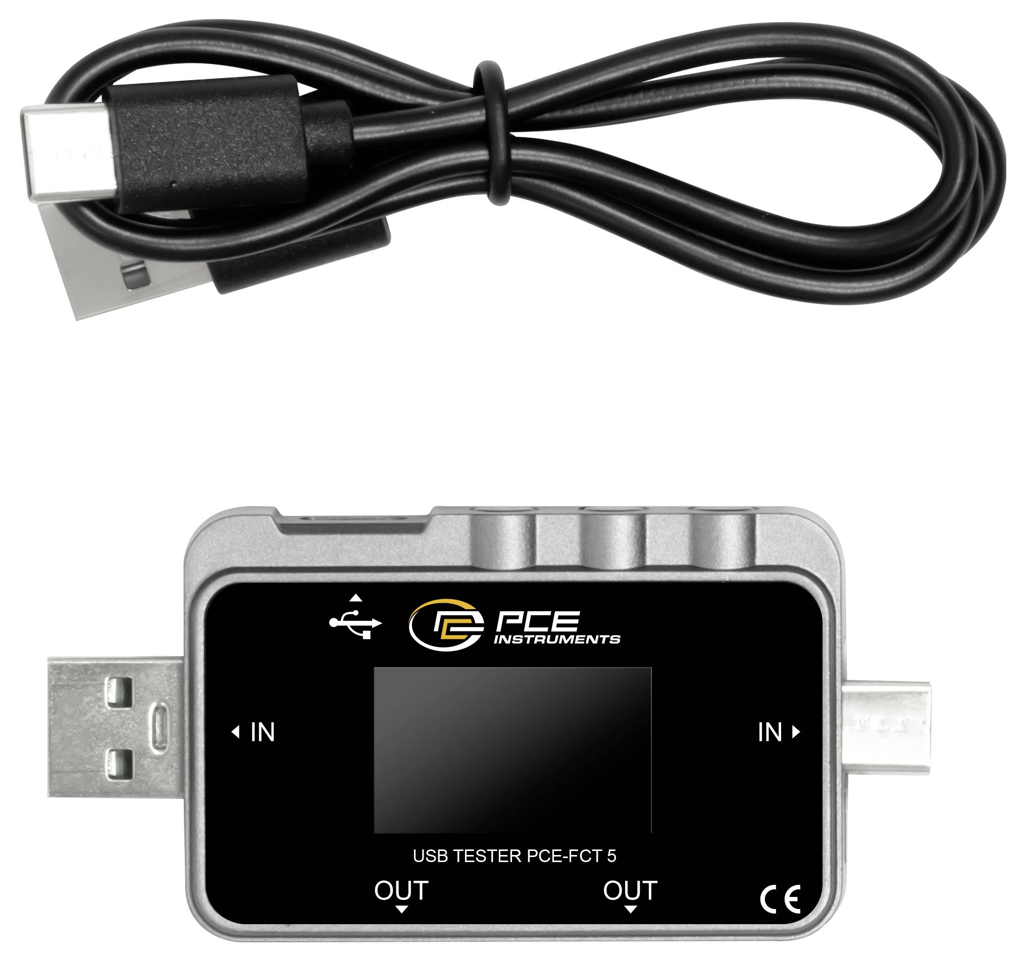 USB cable and PCE Instruments USB tester with display and IN/OUT ports