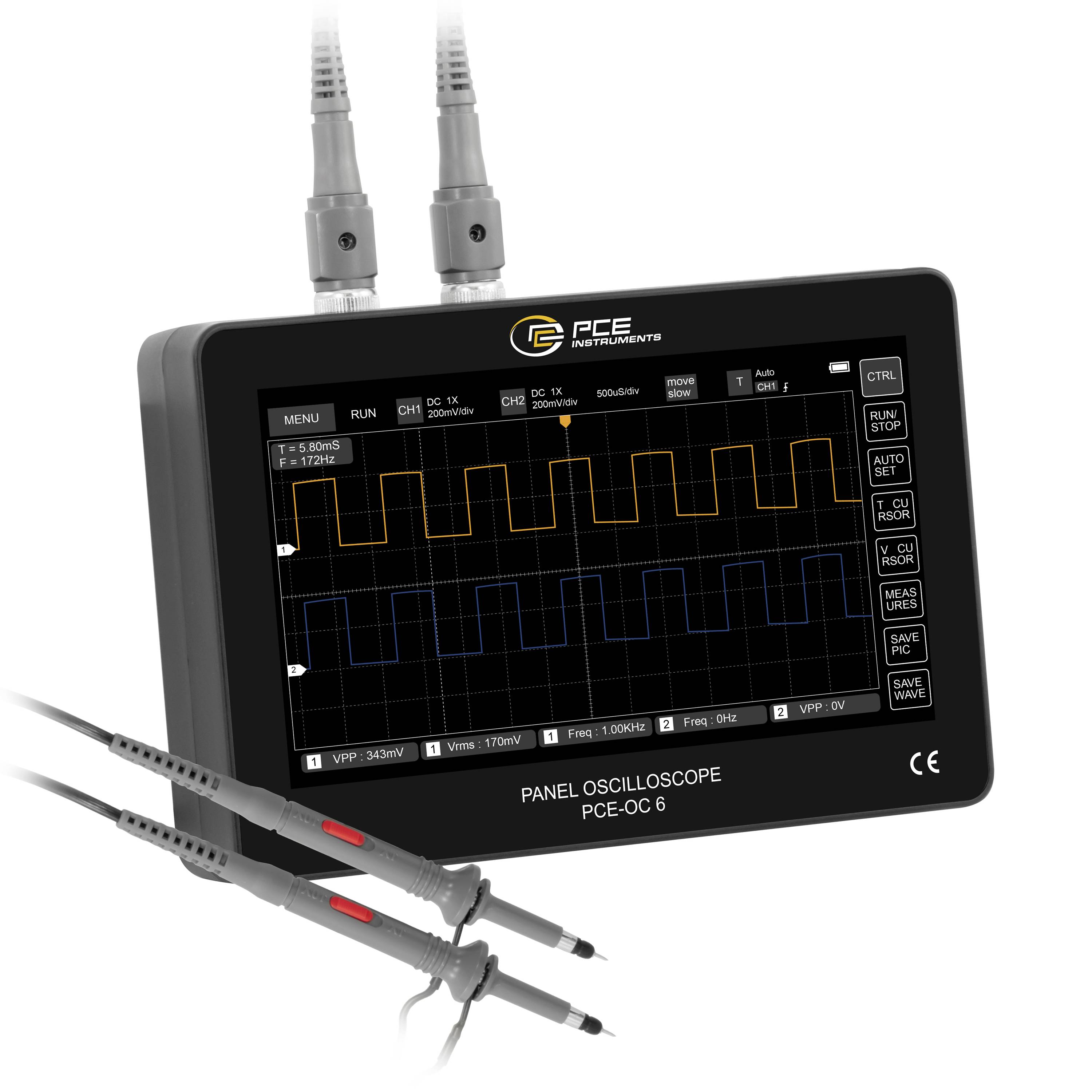 Panel oscilloscope display showing two square-wave signals, with probes connected to the unit and 'PANEL OSCILLOSCOPE PCE-OC 6' labeled on the bezel.