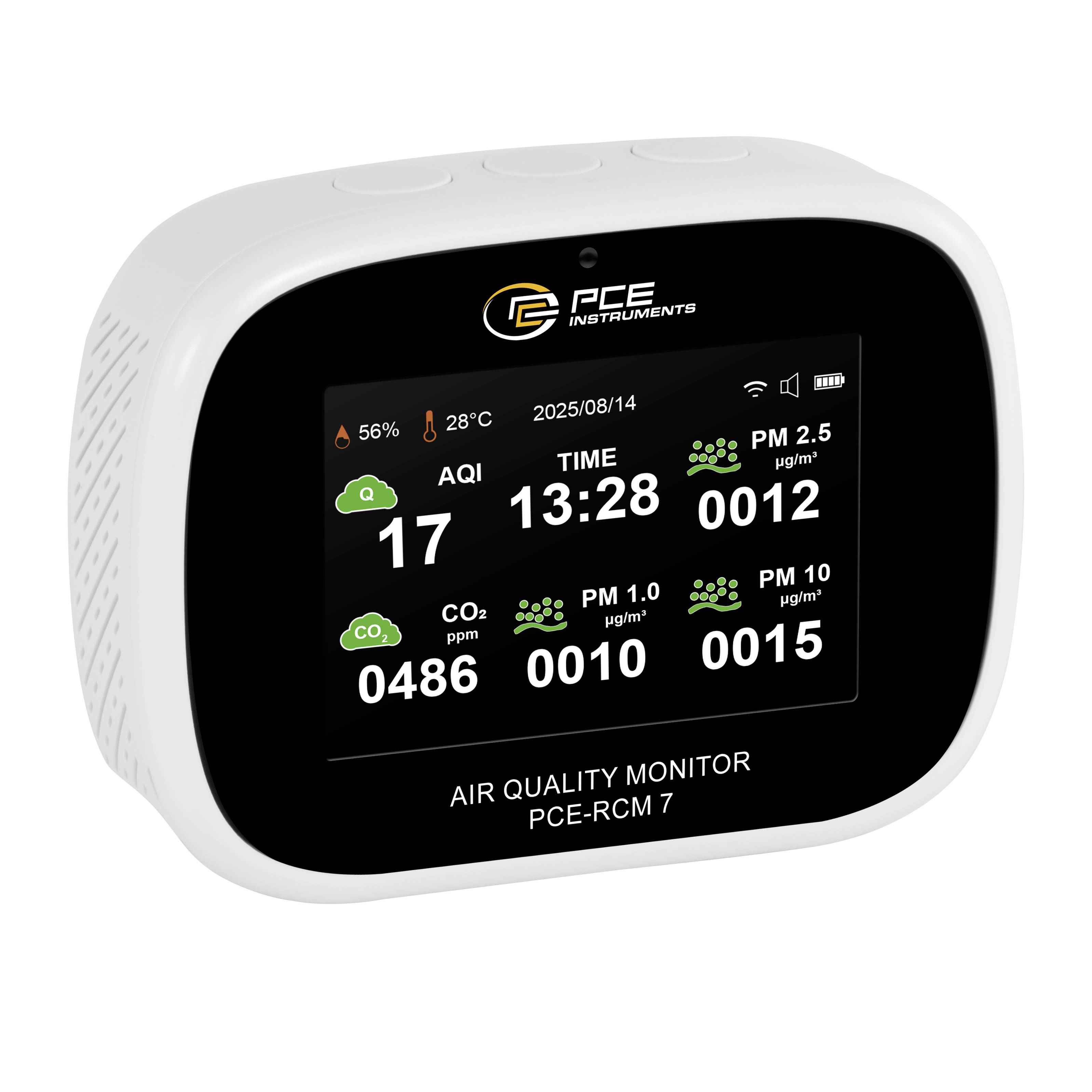 PCE Instruments air quality monitor display showing AQI 17, time 13:28, and readings for CO2 0486 ppm, PM1.0 0010, PM2.5 0012, PM10 0015.