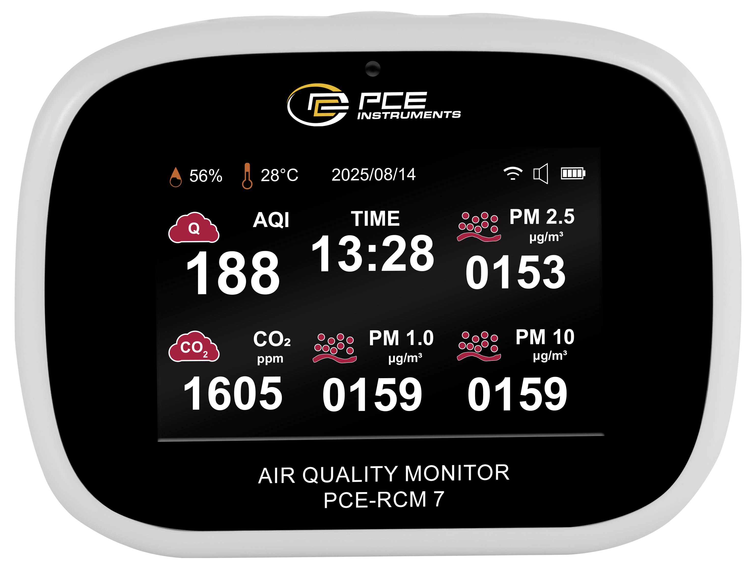 Air quality monitor display showing AQI 188, CO2 1605 ppm, PM2.5 153 µg/m³, PM1.0 159 µg/m³, and PM10 159 µg/m³; time 13:28 on 2025/08/14.