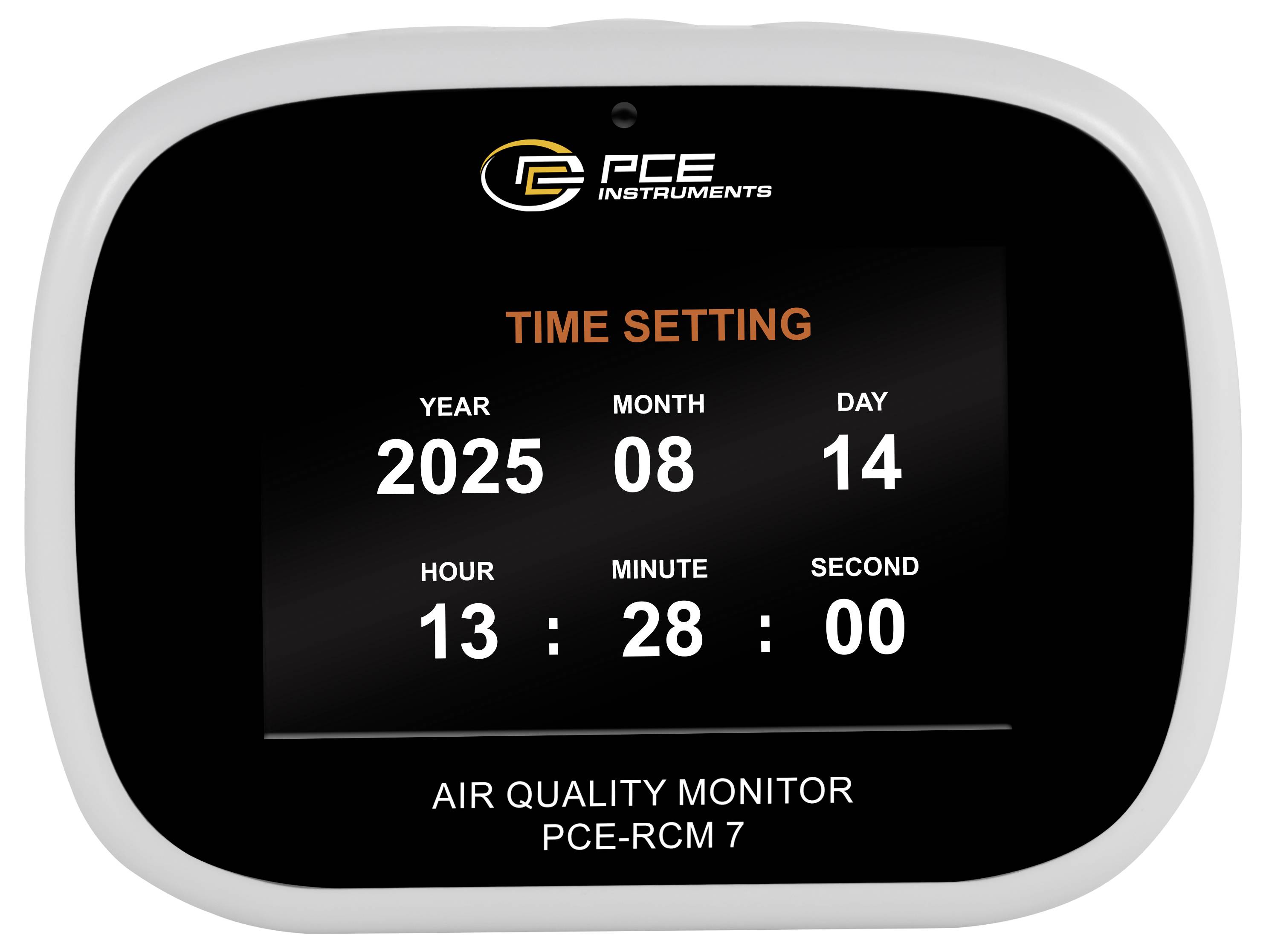 Air quality monitor screen showing time setting: year 2025, month 08, day 14, hour 13, minute 28, second 00.