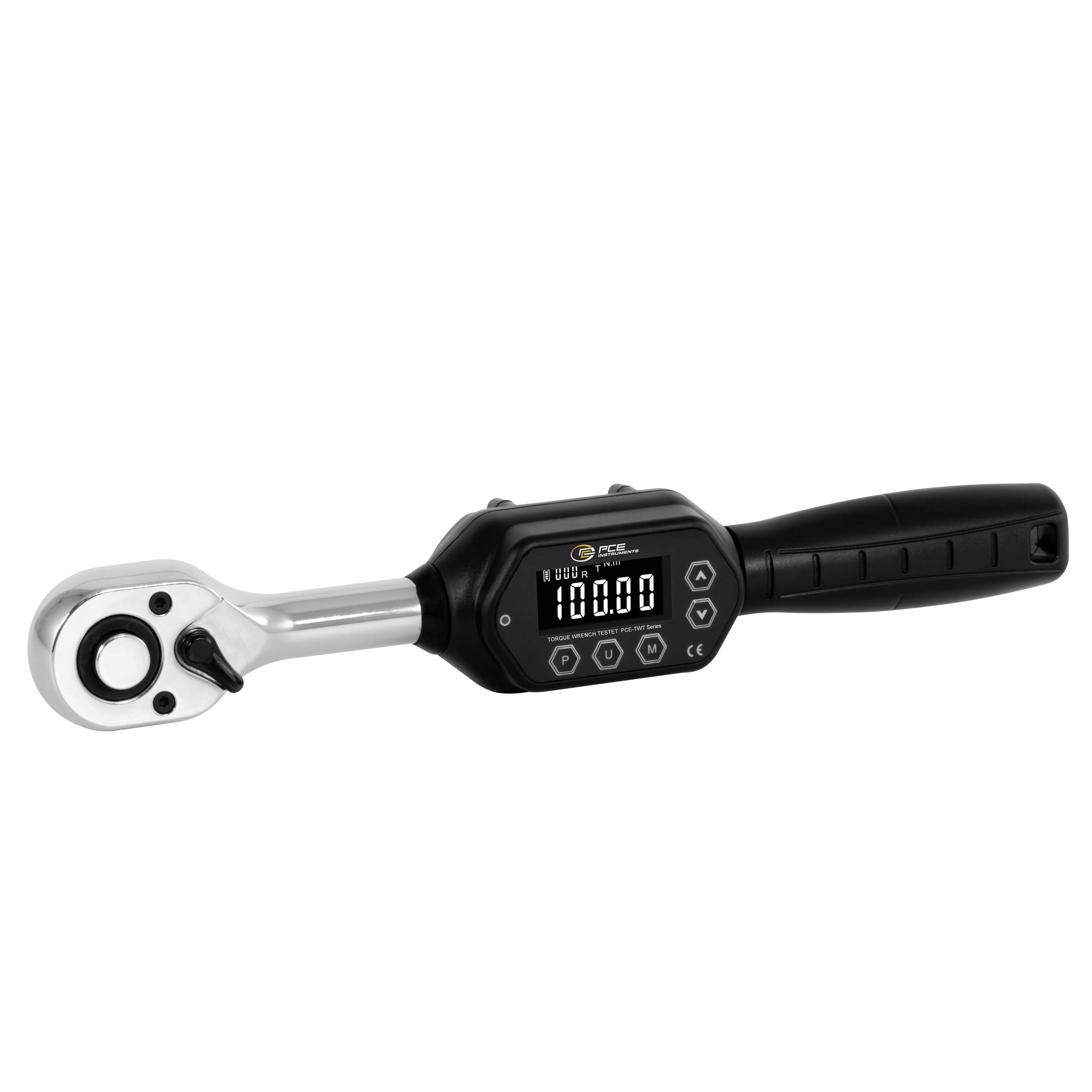 Digital torque wrench with ratchet head and LCD display, shown on a white background.