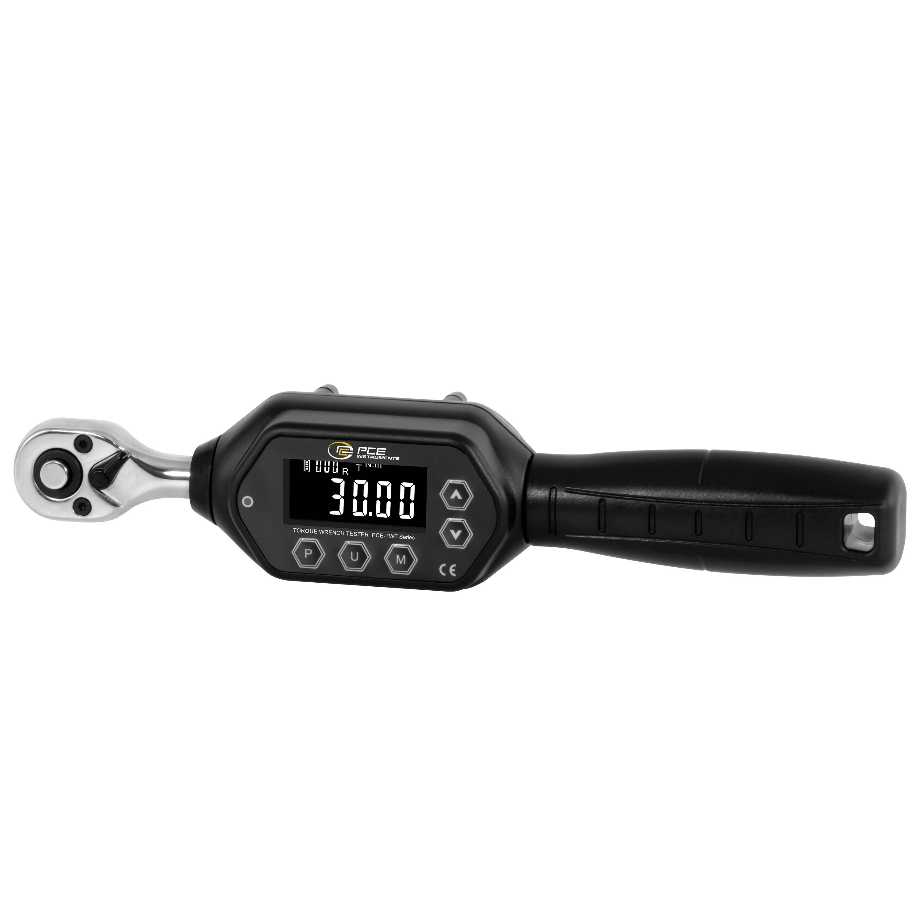 Digital torque wrench with LCD display and ratchet head, showing 30.00 on a black handle against a white background