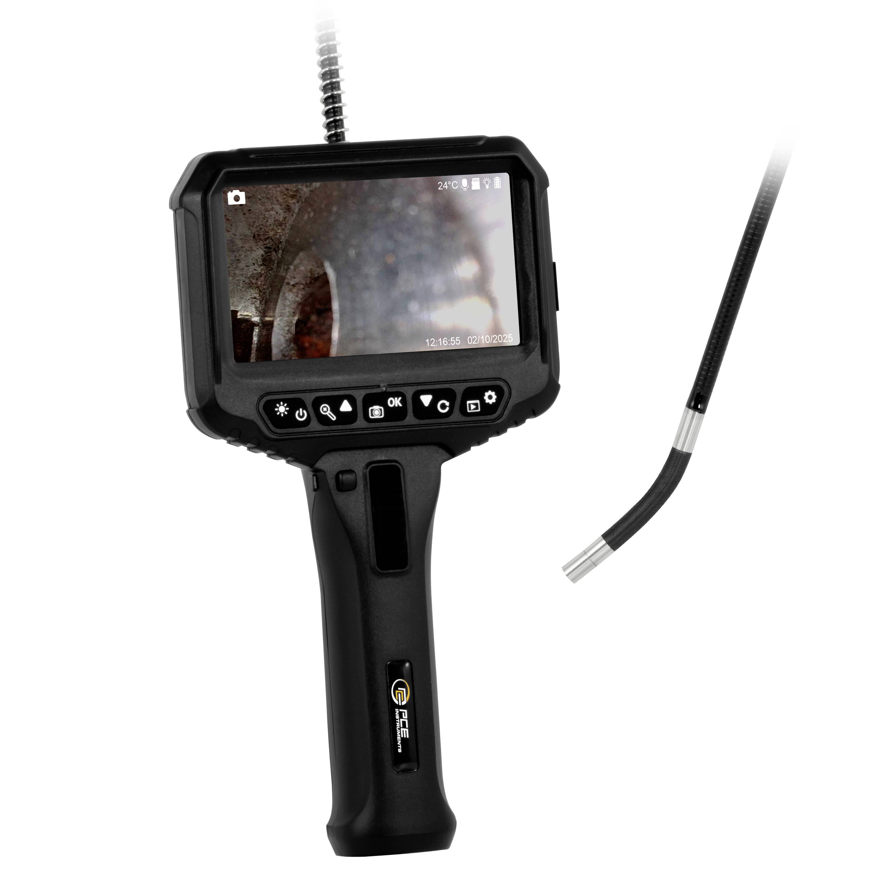Handheld inspection borescope with a screen showing a close-up pipe interior, plus a flexible camera probe beside it.