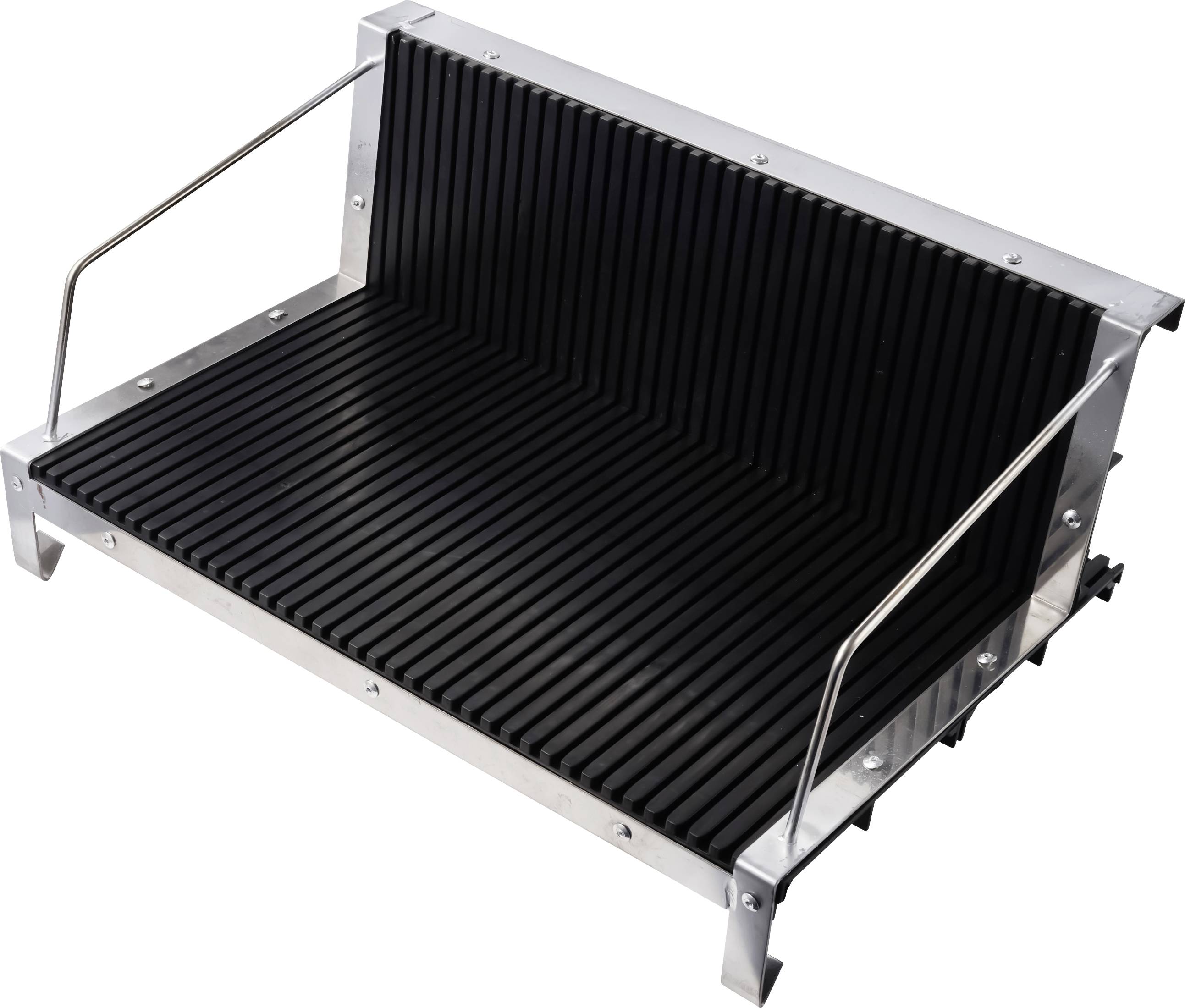 Stainless steel countertop grill or broiler with black ridged cooking surface and metal side handles, shown on a white background.