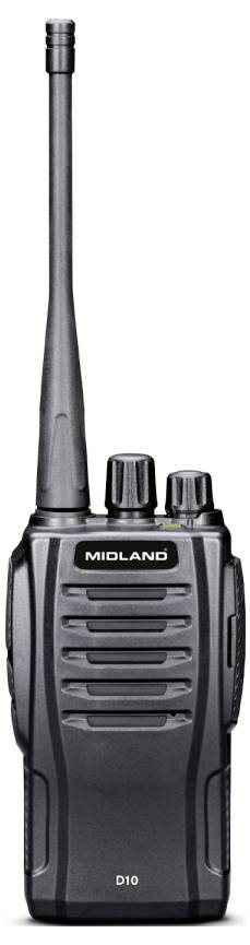 Two-way radio with antenna, labeled 'MIDLAND' and model 'D10'. Features include multiple control knobs and a speaker grill.