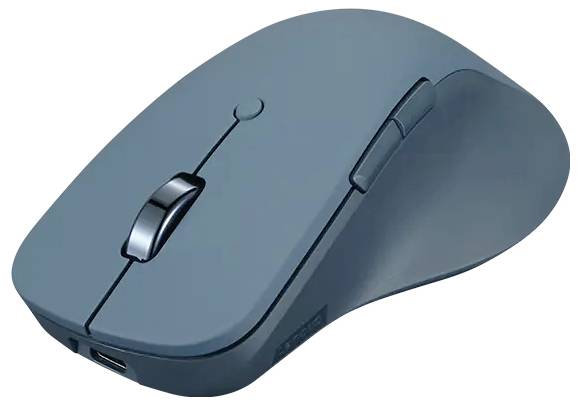 A sleek, wireless computer mouse with a blue finish and a scroll wheel, shown angled to highlight its ergonomic design.