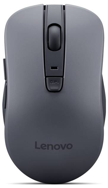 A gray Lenovo wireless computer mouse with a scroll wheel and DPI button, designed for ergonomic use with a sleek, modern aesthetic.