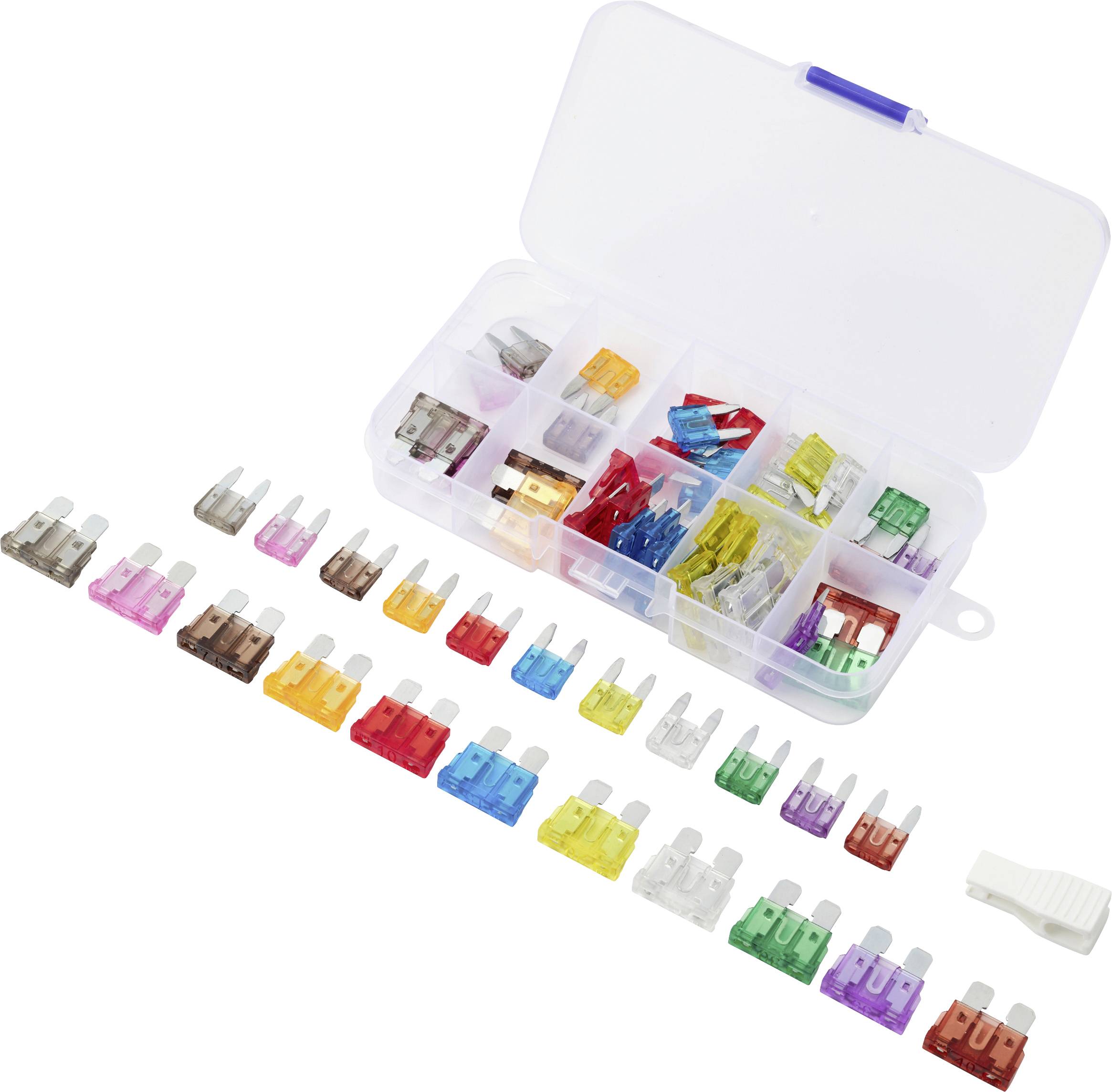 A plastic box containing various colored automotive fuses arranged by type. Several fuses are lined up in front of the box.