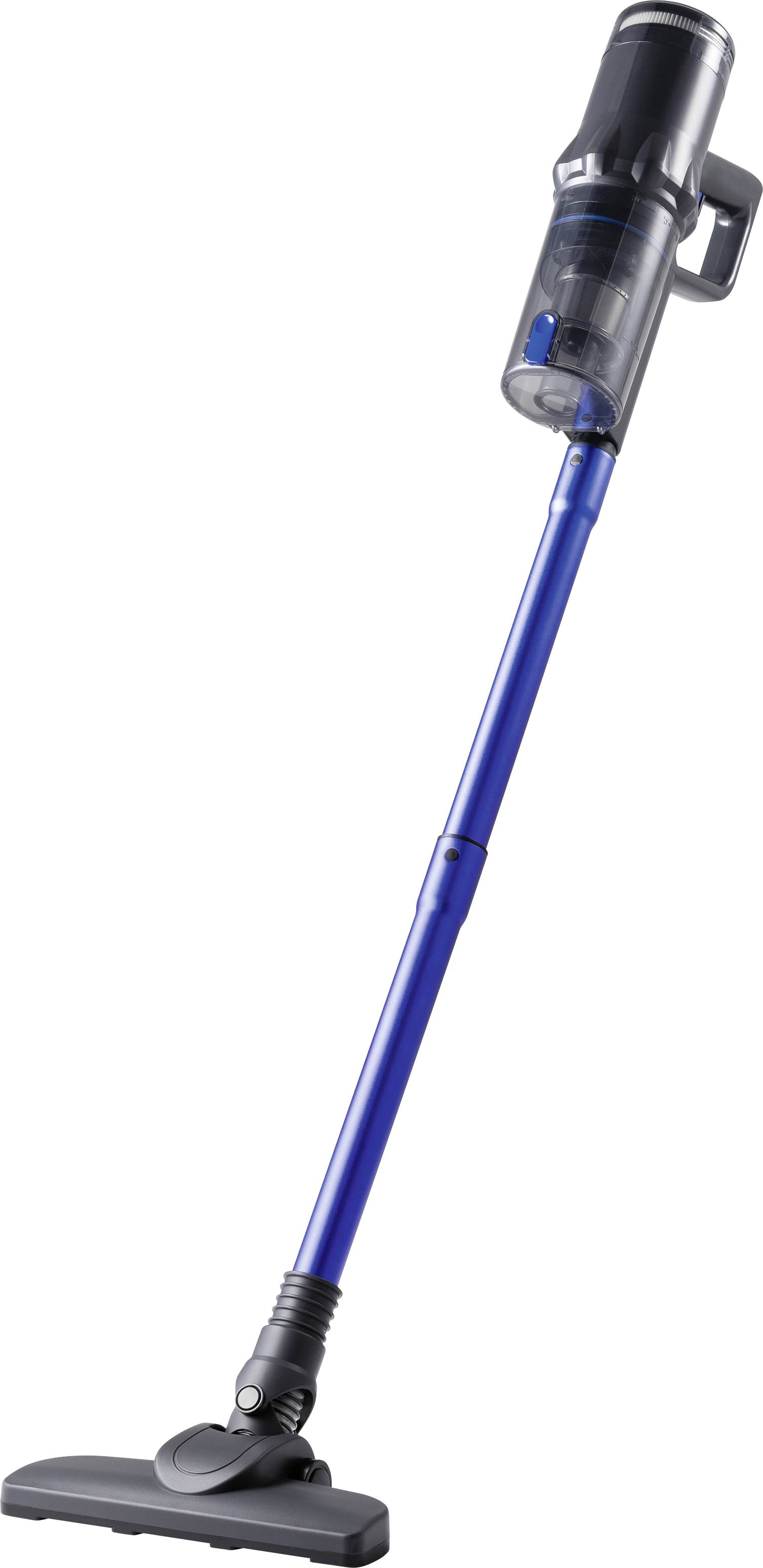 A cordless stick vacuum cleaner with a blue handle and transparent dust container, standing upright.