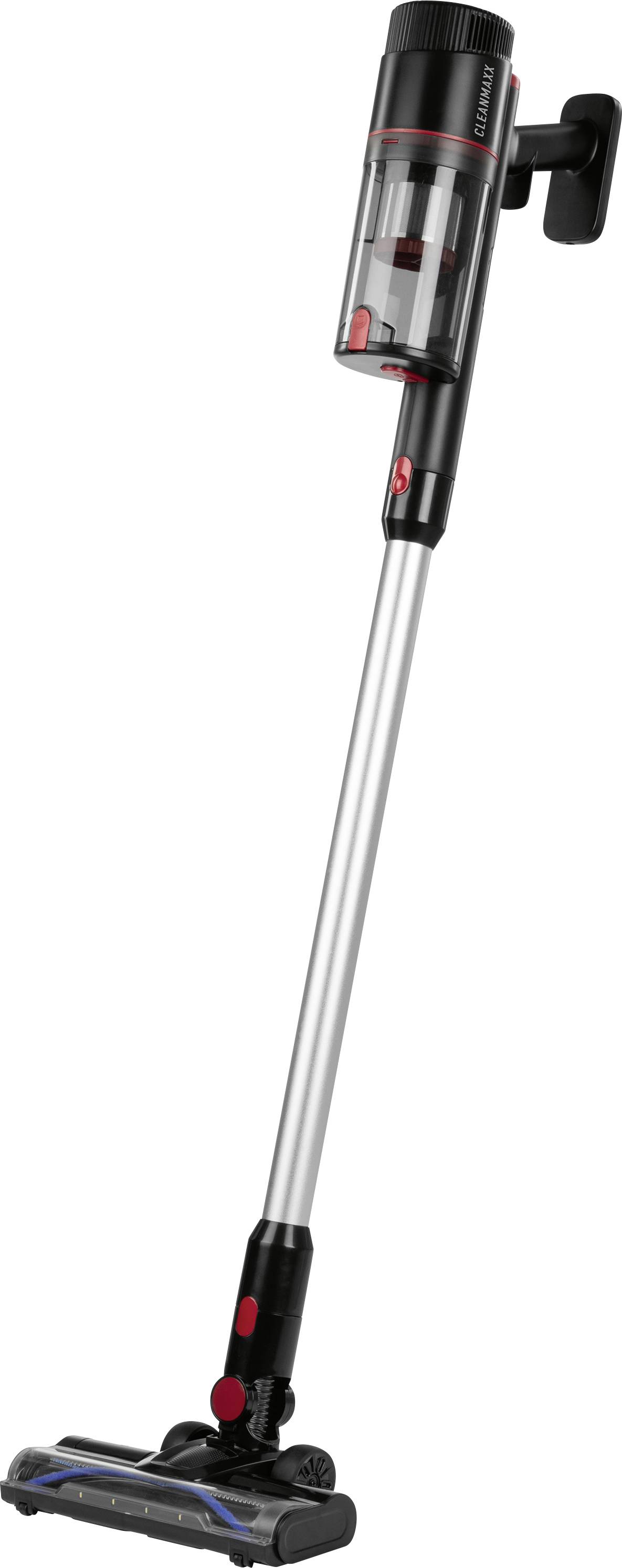 A sleek black and silver cordless vacuum cleaner with a handle, transparent dust container, and powered brush head for efficient cleaning.