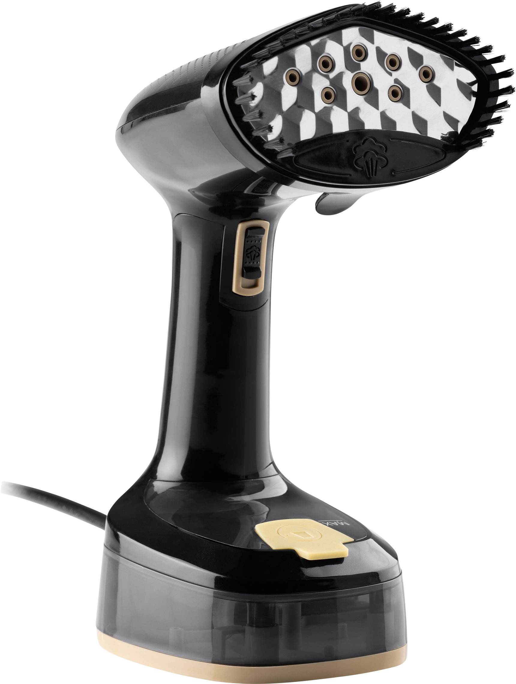 A black handheld garment steamer with a textured metal steaming plate and a gold button on its base, designed for wrinkle removal on clothes.