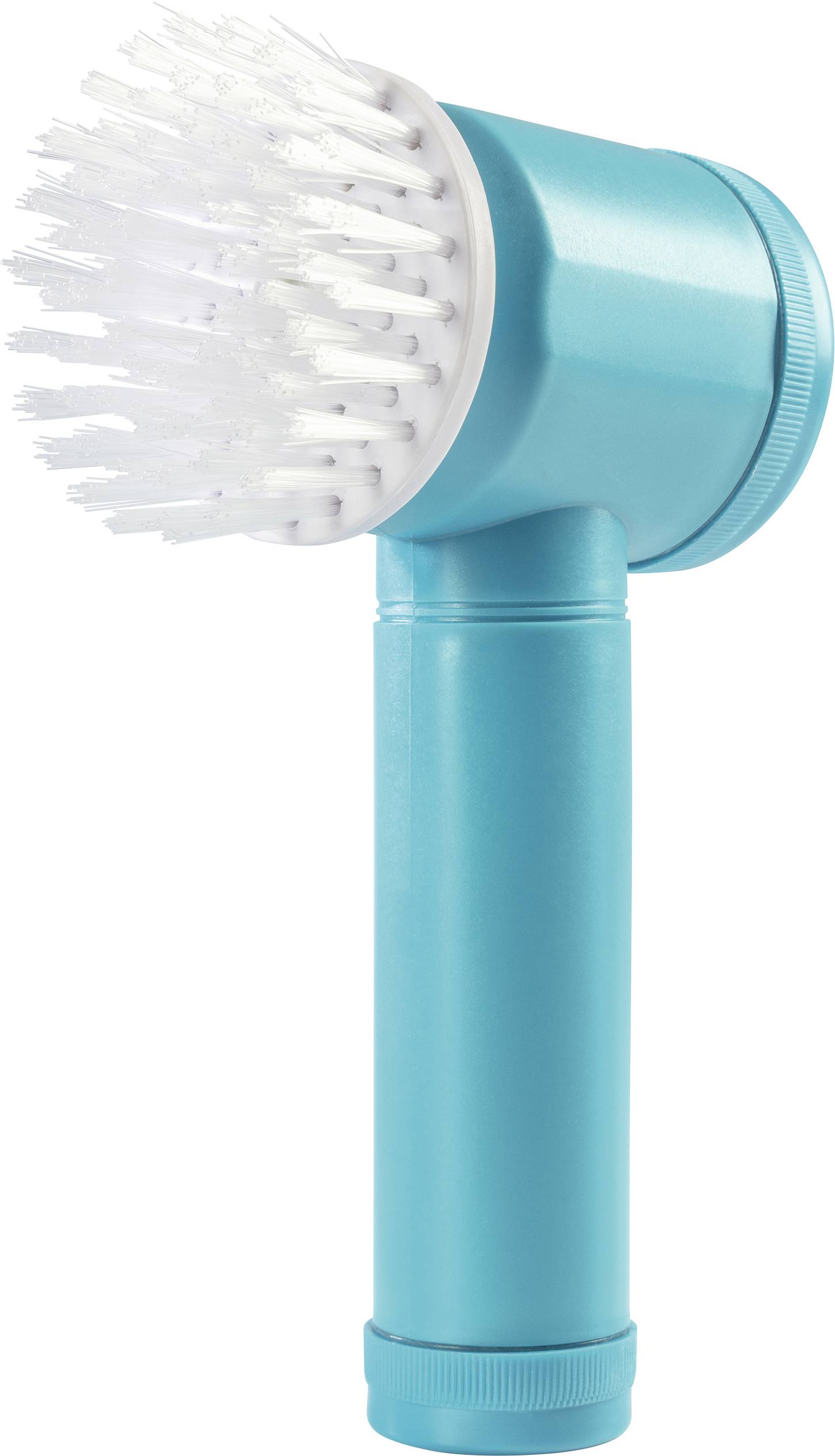 A blue handheld electric scrub brush with white bristles for cleaning surfaces.