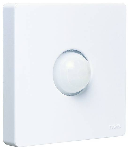 A white motion sensor switch with a central dome-shaped sensor, designed to detect movement and automatically control lighting or devices.