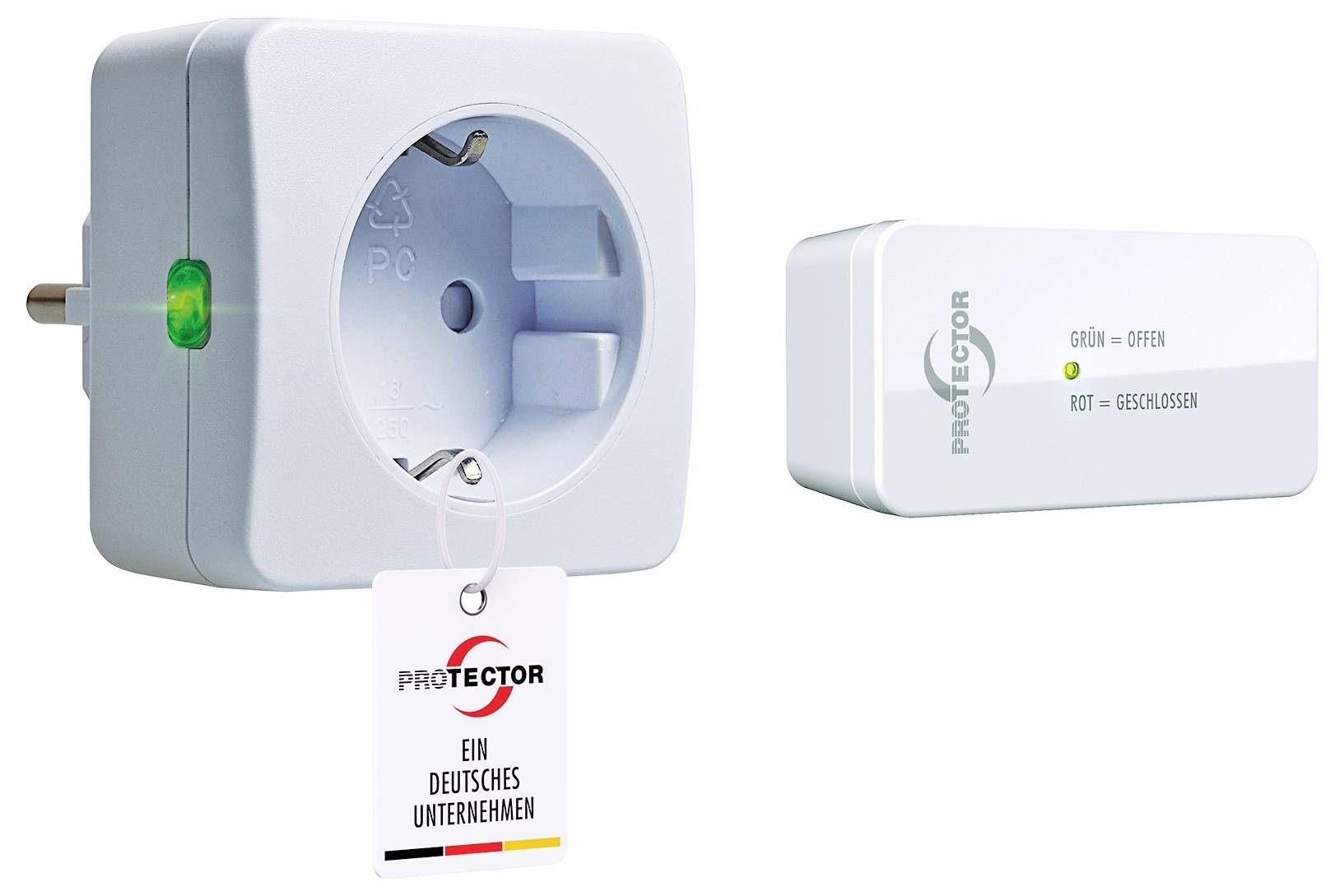 'Protector' branded smart plug and sensor. Plug has a green light, tag reads 'Ein Deutsches Unternehmen'. Sensor indicates green for open, red for closed.