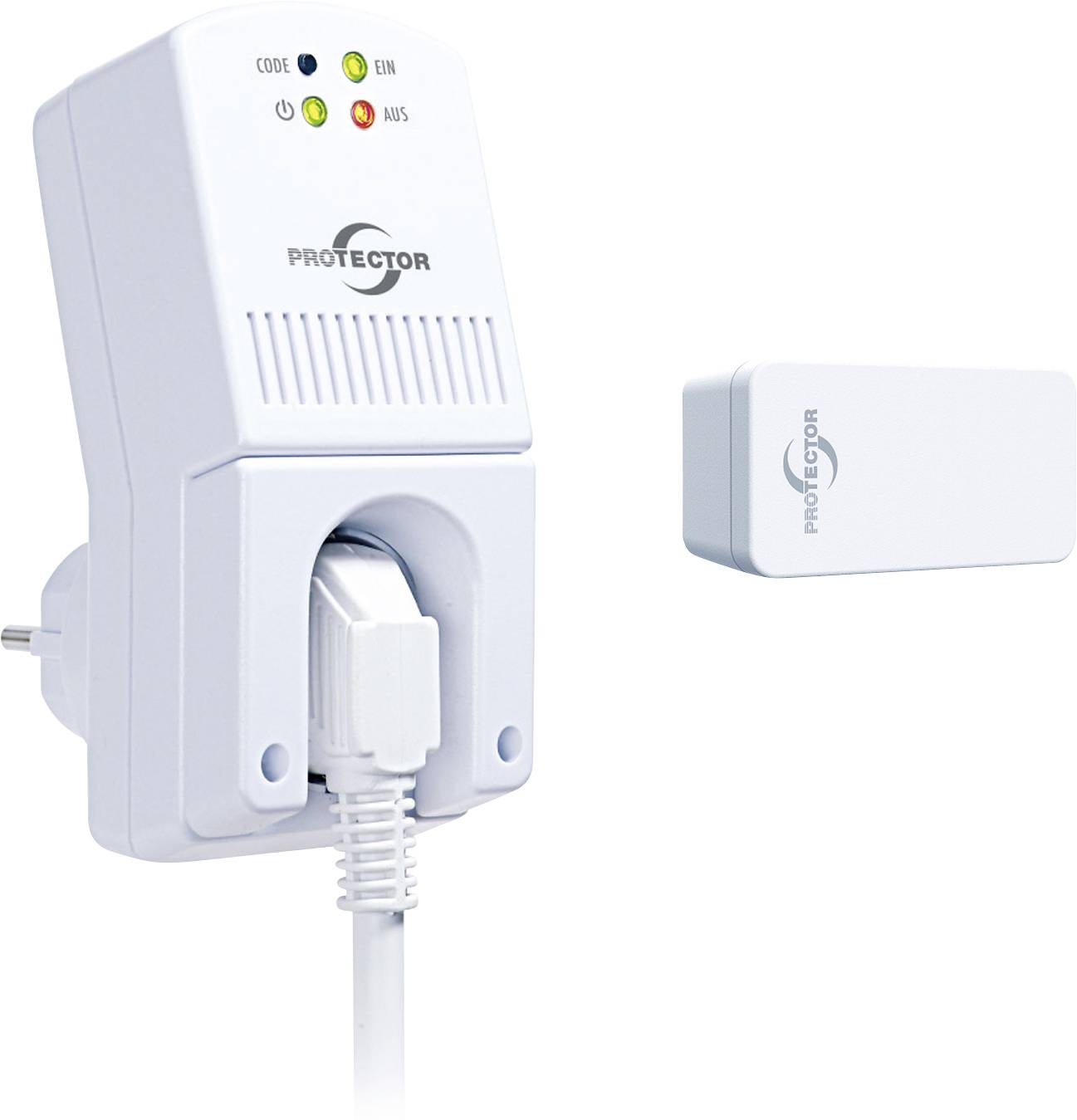 A white 'Protector' plug-in device with status lights is connected to a power socket. A separate smaller unit with the same branding is shown nearby.
