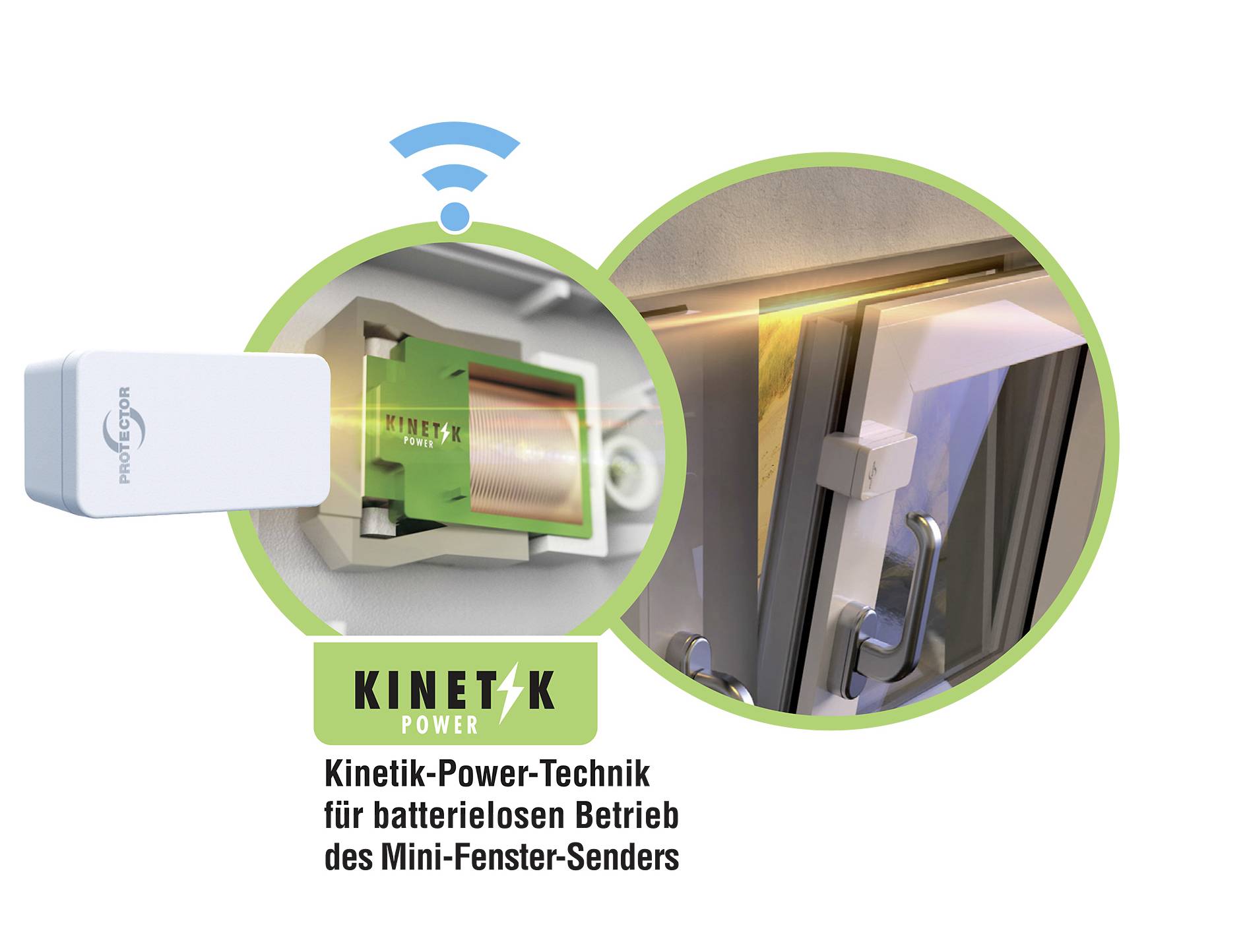 'Kinetik Power-Technik für batterielosen Betrieb des Mini-Fenster-Senders' shown with a close-up of the window sensor mechanism.