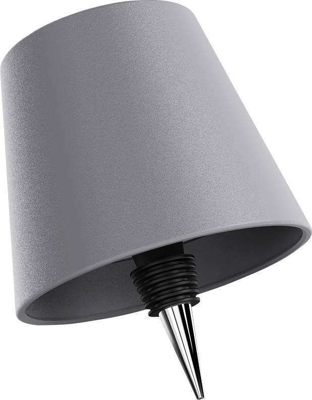 A gray wine bottle stopper with a cone-shaped end and a cylindrical top, shown at an angle.