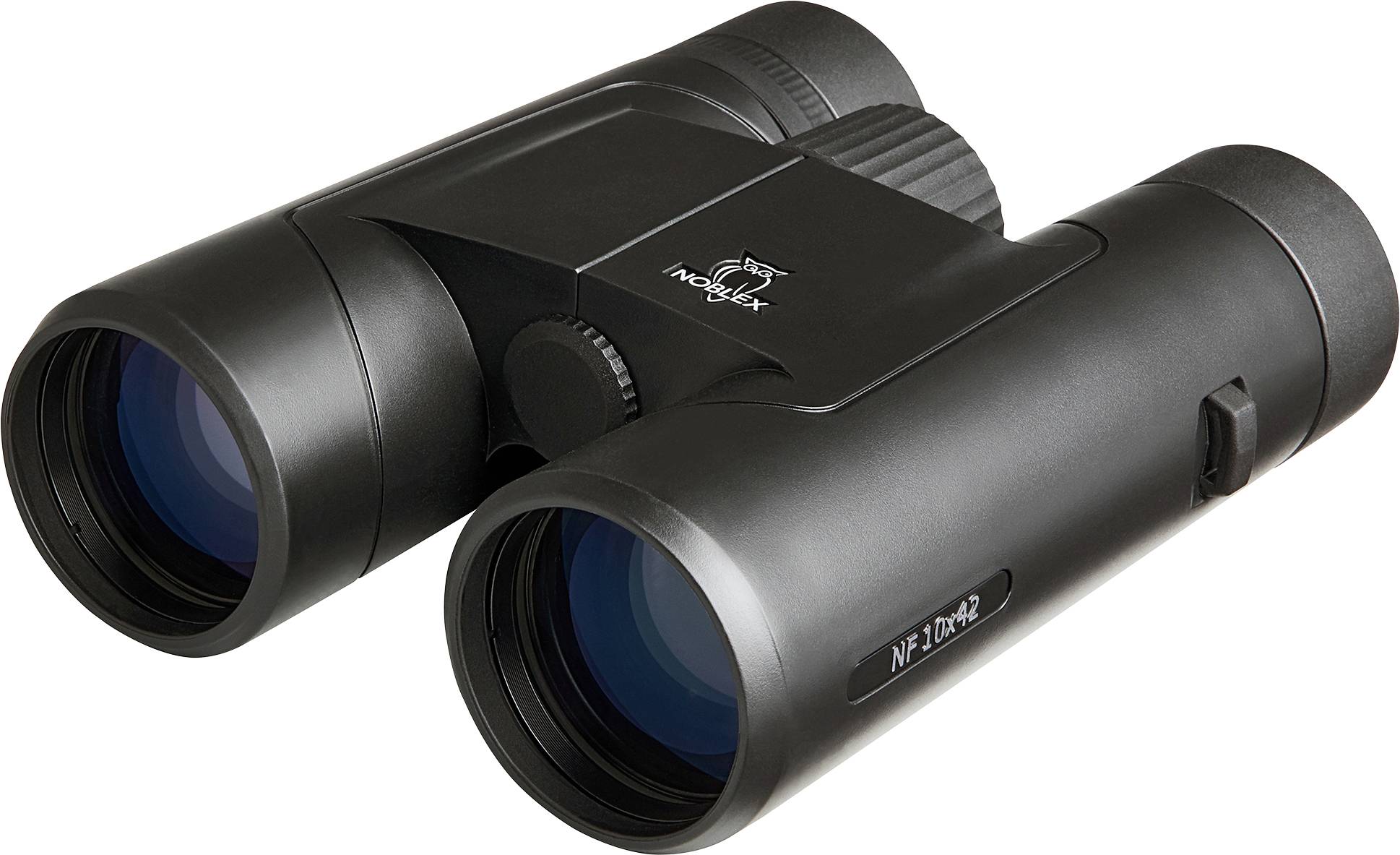 Black binoculars with a sleek design, featuring textured grips and adjustable lenses, used for enhancing distant viewing clarity.