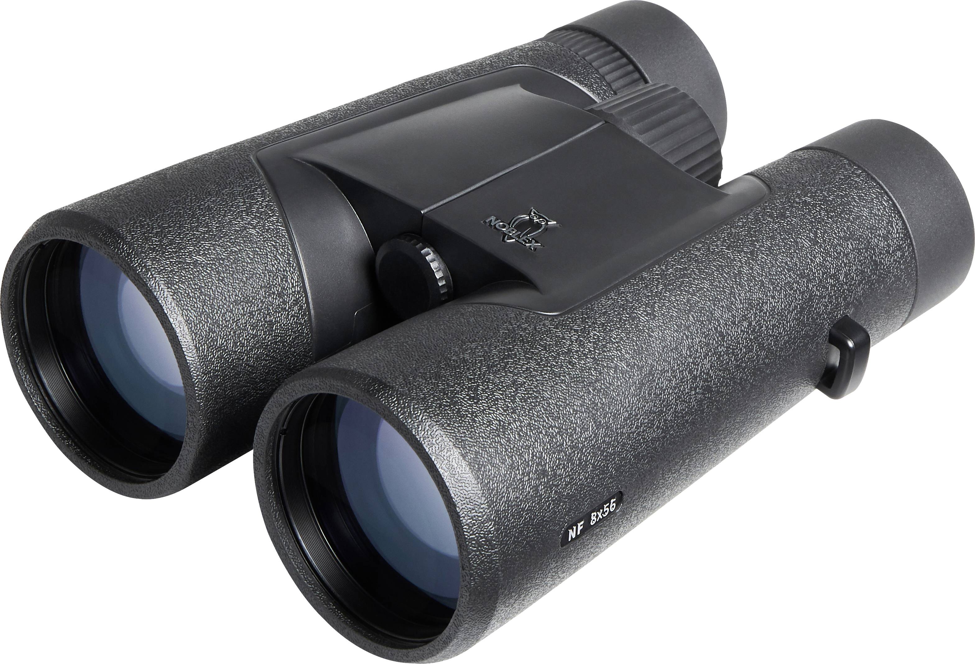 A pair of black binoculars with textured grips, large lenses at the front, and an adjustment knob in the center, viewed from a slight angle.