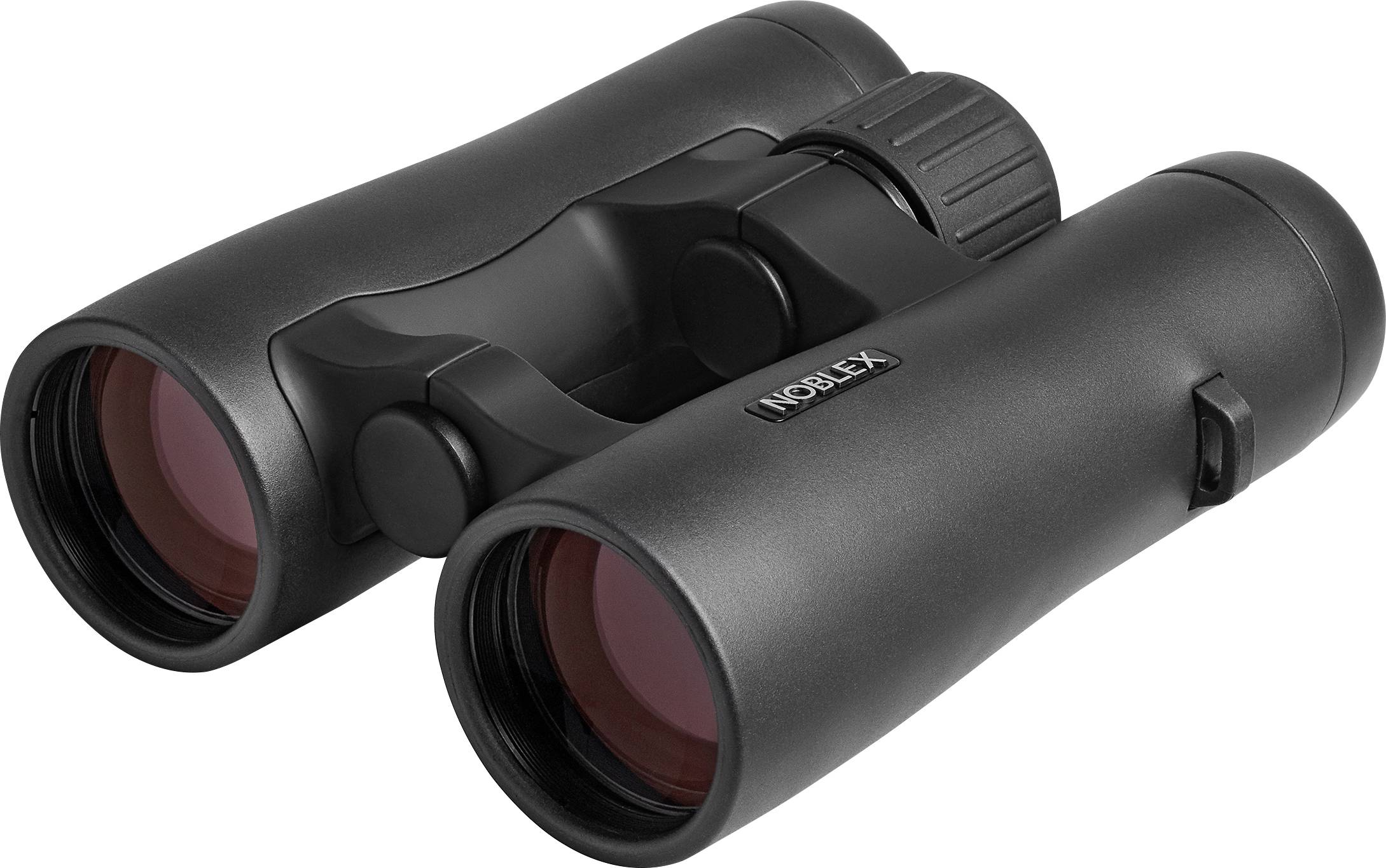 Black binoculars with a textured grip, angled slightly to the right, showcasing red-tinted lenses on a white background.