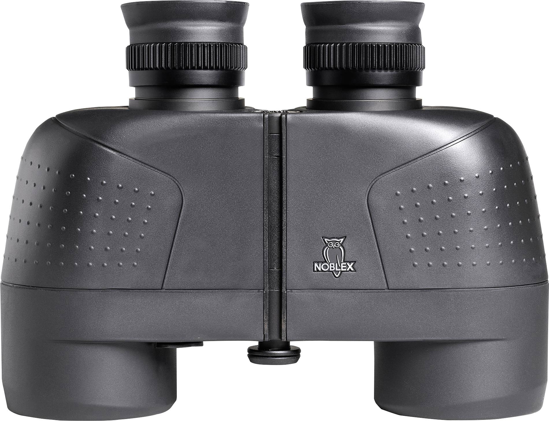 A pair of black binoculars with textured grips and adjustable eyepieces. The brand logo is visible, featuring an owl icon.