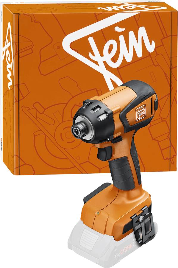 Orange cordless power drill with black handle, placed in front of an orange box with the brand name. No battery attached.