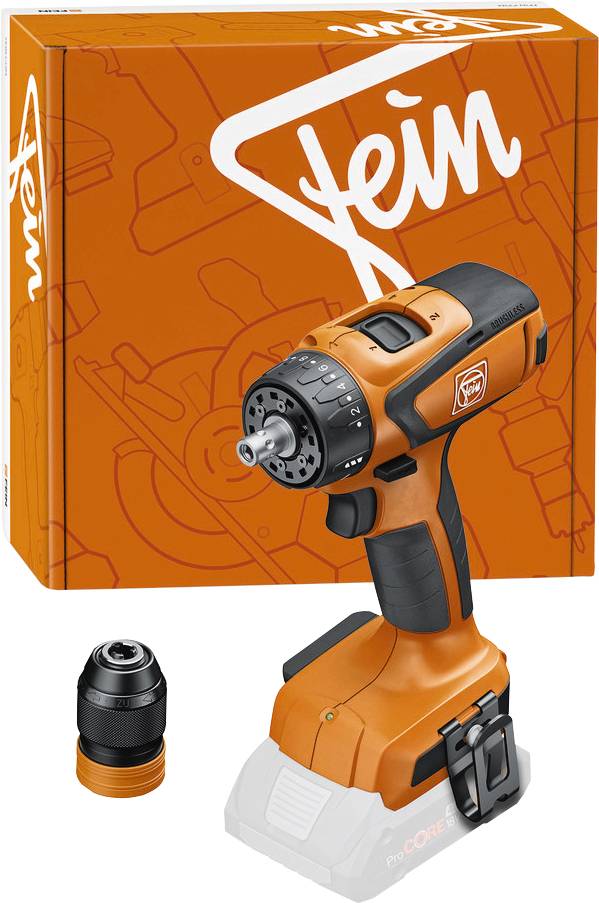 'Fein' cordless drill with orange packaging. Includes an attachment.